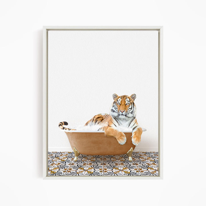 A tiger is sitting in a bathtub filled with water, appearing relaxed and comfortable.