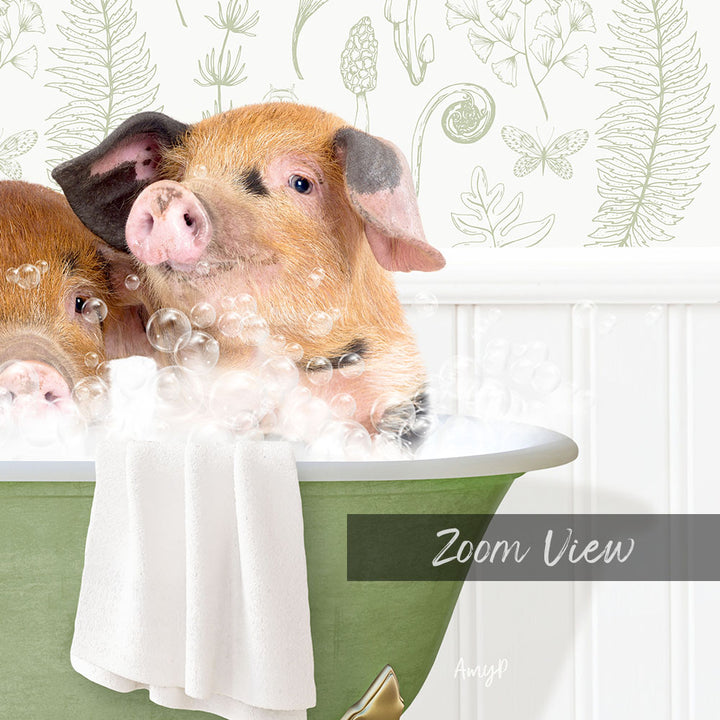 A pig sitting in a green bathtub filled with bubbles, surrounded by a floral pattern on the wall behind it.