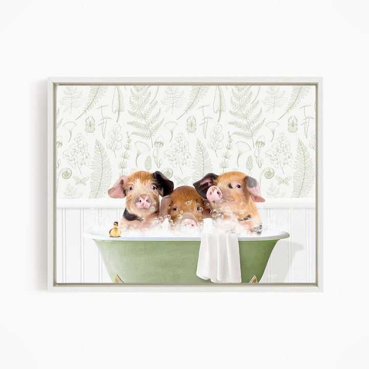 Three adorable pigs sitting in a green bathtub, enjoying a relaxing bath together.