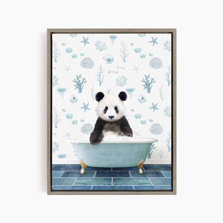 A panda bear sitting in a blue bathtub, surrounded by a pattern of seashells, starfish, and other marine life.
