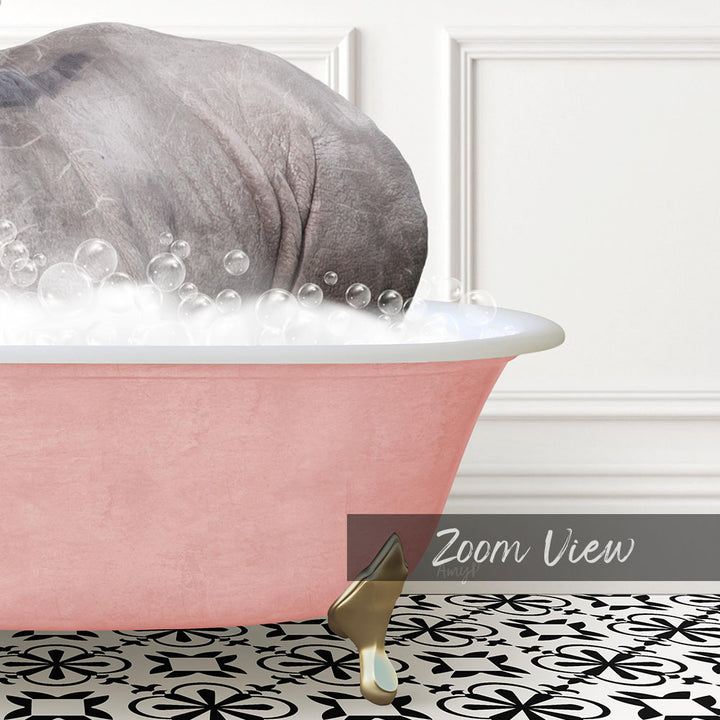 A pink bathtub filled with bubbles, with a large gray elephant partially submerged in the water.