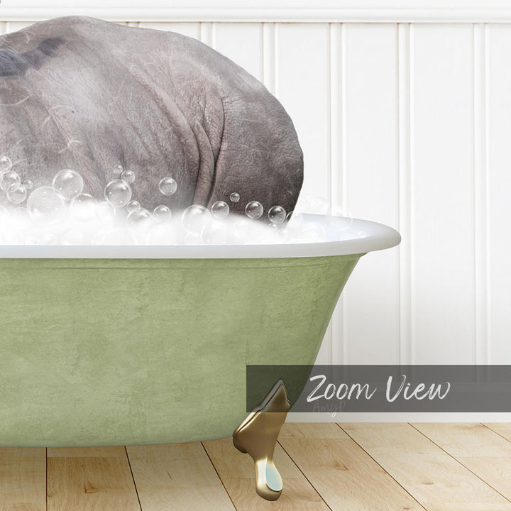 A large gray rhinoceros is sitting in a green bathtub filled with bubbles, creating a whimsical and playful scene.