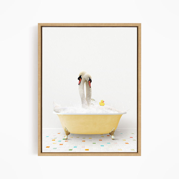 A pair of swans standing in a yellow bathtub filled with bubbles, with a rubber duck floating nearby.