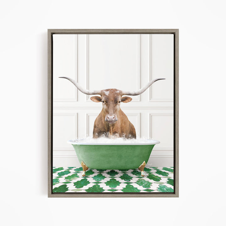 A brown bull with large horns is sitting in a green bathtub filled with water, creating a whimsical and humorous scene.