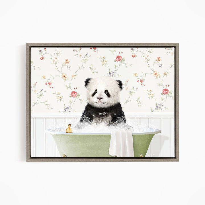 A panda bear sitting in a green bathtub filled with bubbles, surrounded by a floral wallpaper.