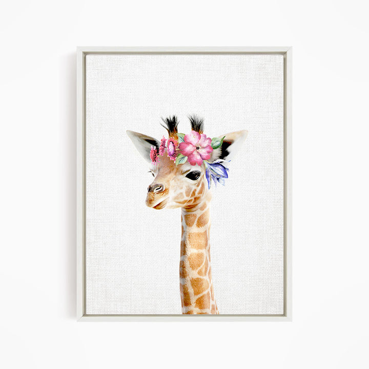 A giraffe wearing a colorful flower crown is the central focus of the image.