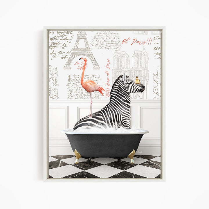A zebra sitting in a bathtub, with a pink flamingo standing on its back, against a backdrop of the Eiffel Tower and Paris.