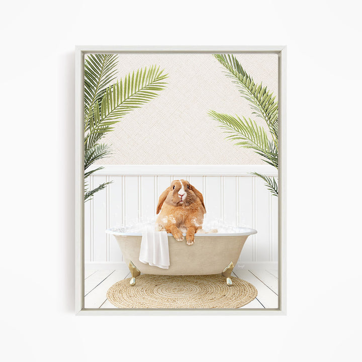 A brown rabbit sitting in a bathtub filled with water, surrounded by green palm leaves.