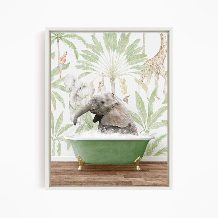 A baby elephant sitting in a green bathtub, surrounded by tropical foliage and animals, including a parrot and a giraffe.