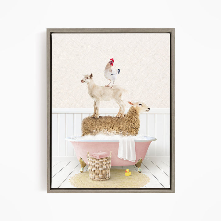 A framed image depicting a sheep standing on a pink bathtub, with a chicken perched on top of it, and a lamb sitting on the tub's edge.