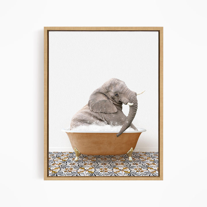 A gray elephant sitting in a bathtub filled with water, surrounded by a patterned tile floor.