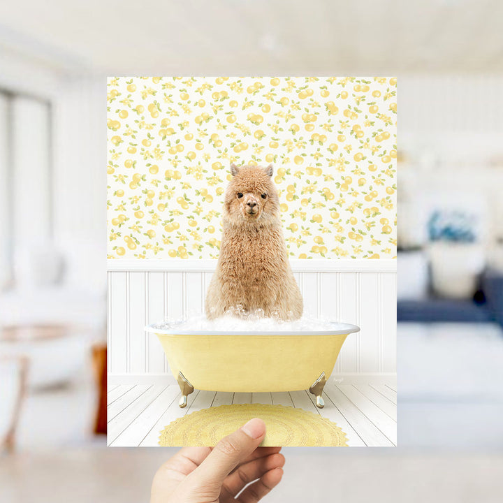 A fluffy brown alpaca sitting in a yellow bathtub filled with bubbles, surrounded by a yellow and white floral patterned wall.