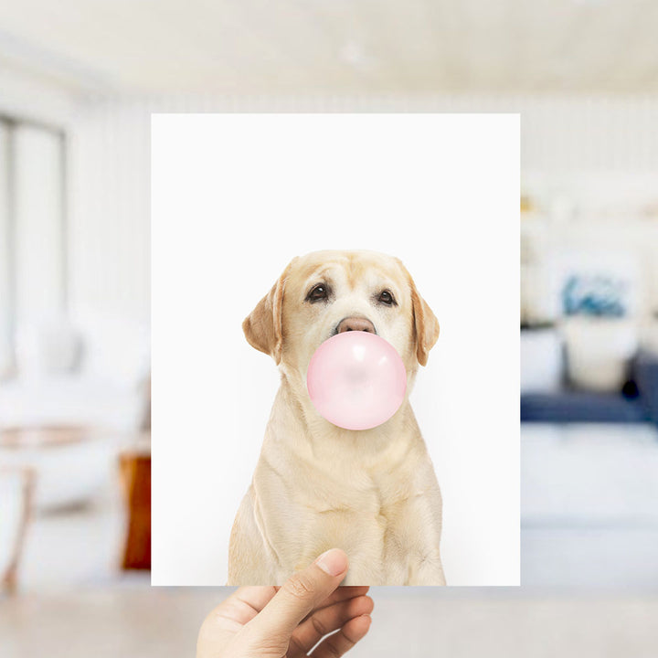 A person is holding up a picture of a yellow Labrador retriever with a pink bubble gum bubble in its mouth.