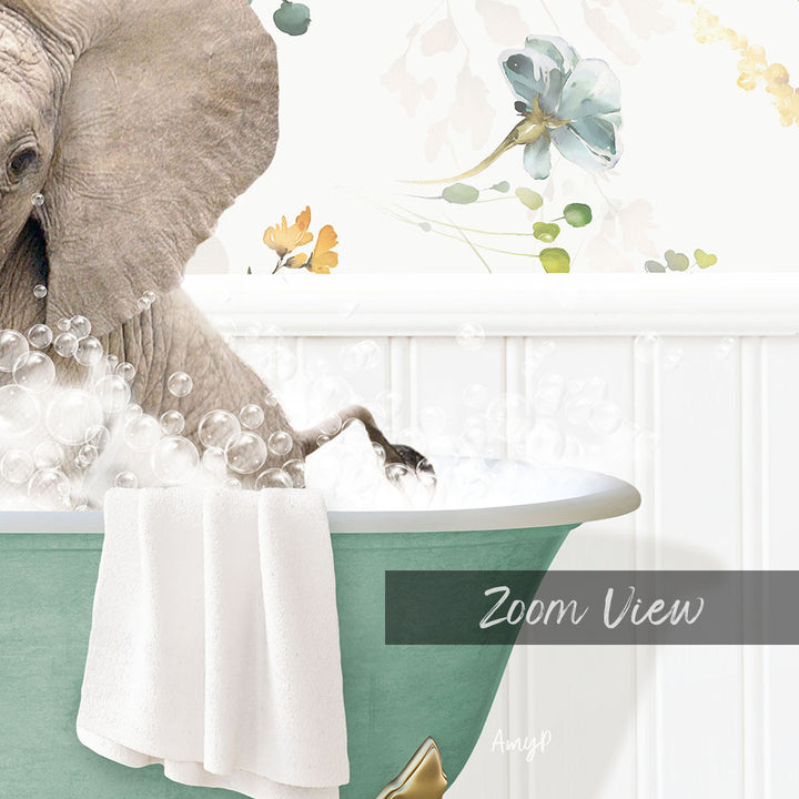A large elephant is taking a bath in a green bathtub, surrounded by bubbles and a towel, with a floral wallpaper in the background.