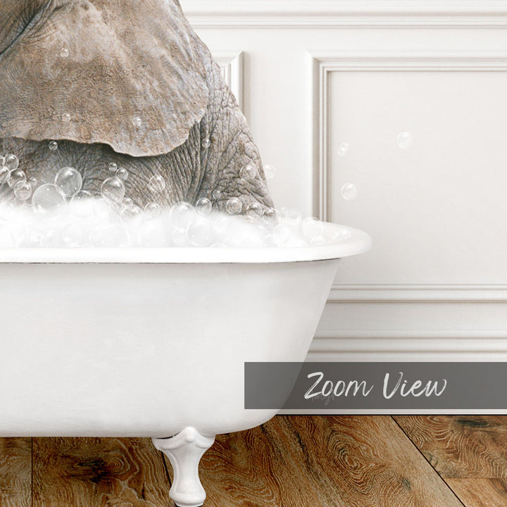 A white bathtub filled with bubbles, with a large elephant partially submerged in the water.