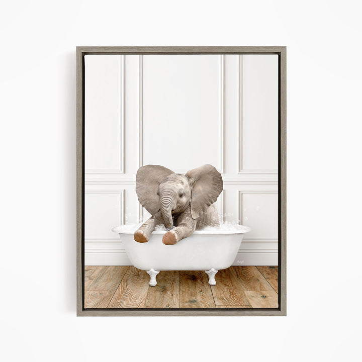 A baby elephant sitting in a white bathtub, with its trunk raised and ears spread out, creating a playful and whimsical scene.
