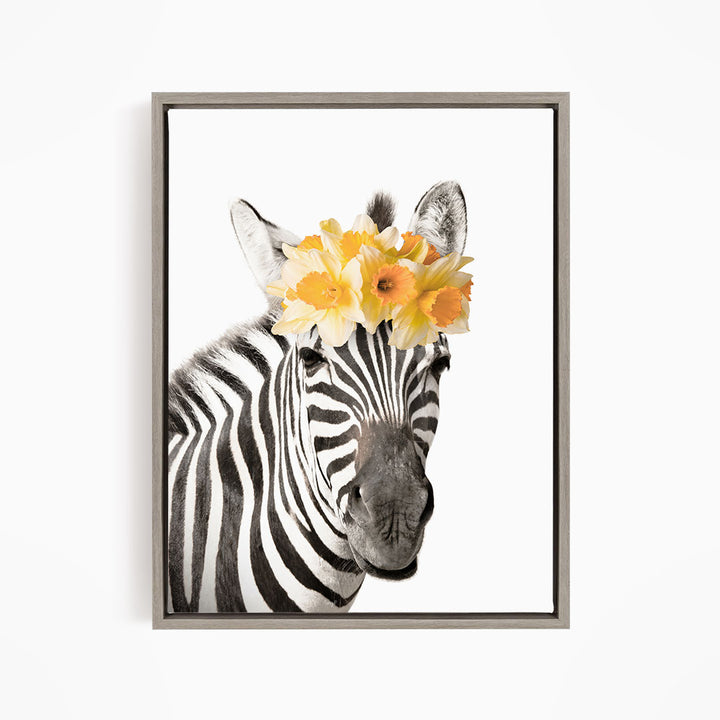 A zebra wearing a yellow flower crown on its head.