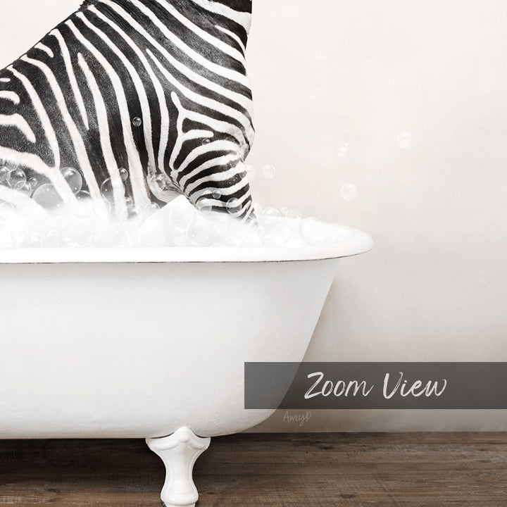 A zebra standing in a bathtub filled with bubbles, with the text "Zoom View" below the image.