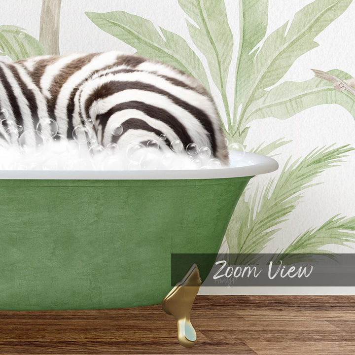 A zebra lying in a green bathtub filled with bubbles, surrounded by a tropical plant backdrop.