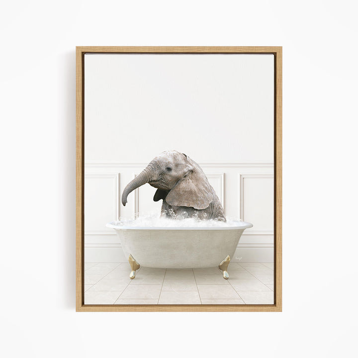A baby elephant sitting in a white bathtub filled with water, creating a whimsical and playful scene.