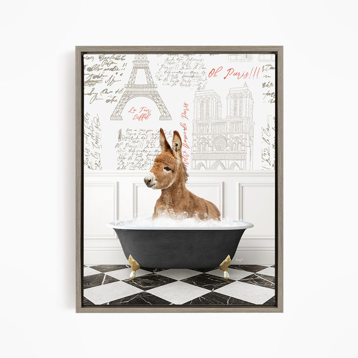 A donkey is sitting in a bathtub filled with water, surrounded by a wall with various inscriptions and illustrations, including the Eiffel Tower.