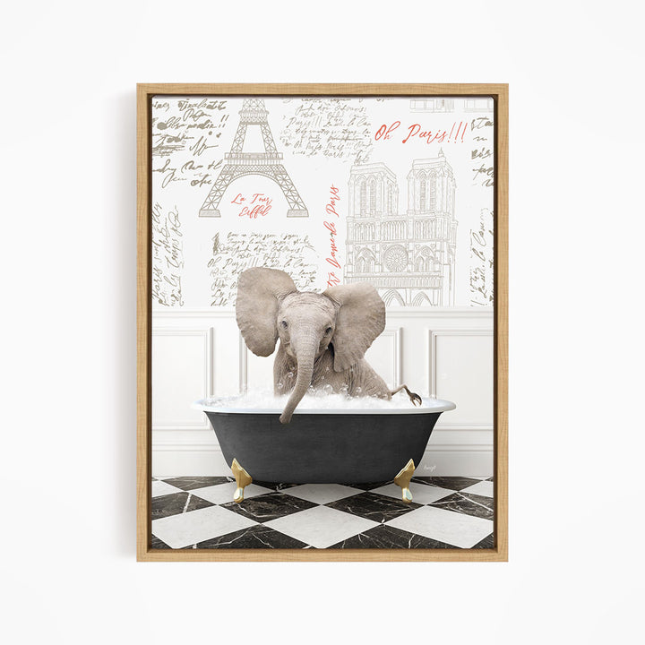 A framed image depicting an elephant sitting in a bathtub, surrounded by various architectural drawings and text.