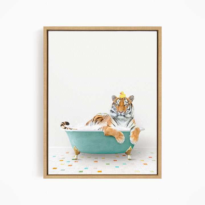 A tiger is sitting in a bathtub filled with water, wearing a yellow crown.