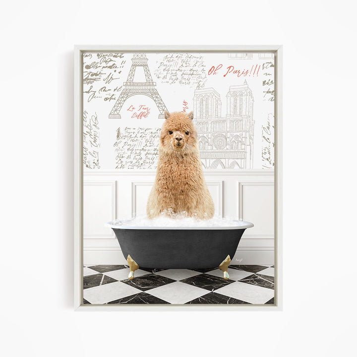 A fluffy brown dog sitting in a bathtub filled with water, with a Paris-themed background featuring the Eiffel Tower and other landmarks.