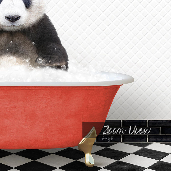 A panda sitting in a red bathtub filled with bubbles, with a black and white checkered floor and a tile wall in the background.