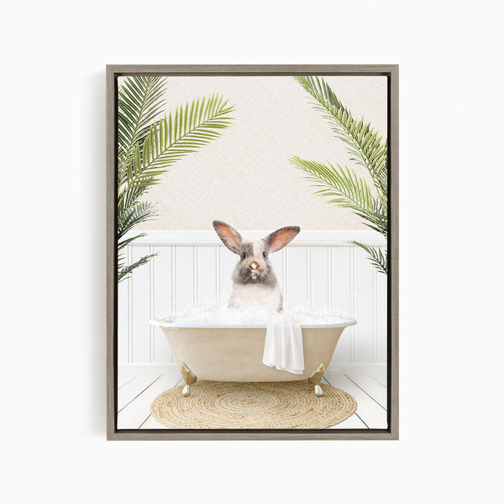 A rabbit sitting in a bathtub filled with water, surrounded by green palm leaves, creating a whimsical and relaxing scene.