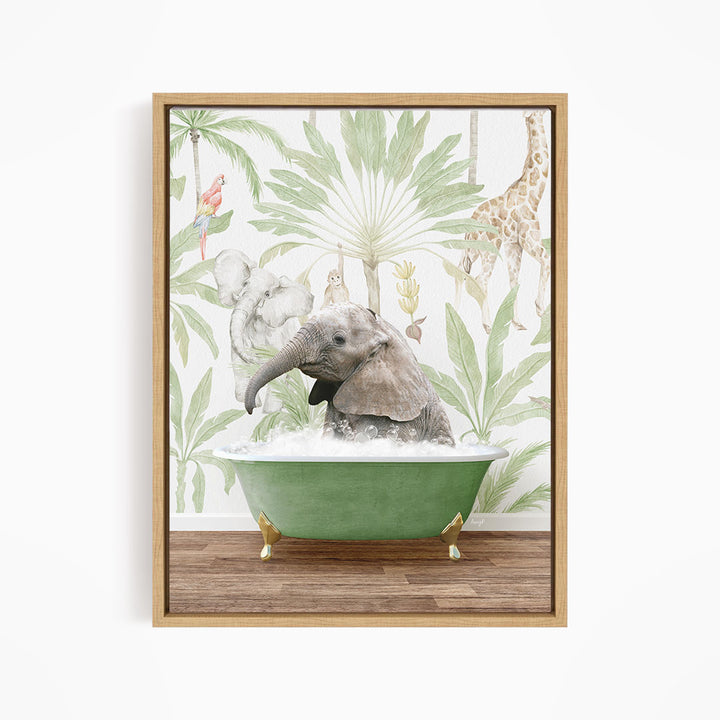 A framed print depicting an elephant sitting in a green bathtub, surrounded by tropical foliage and other animals.