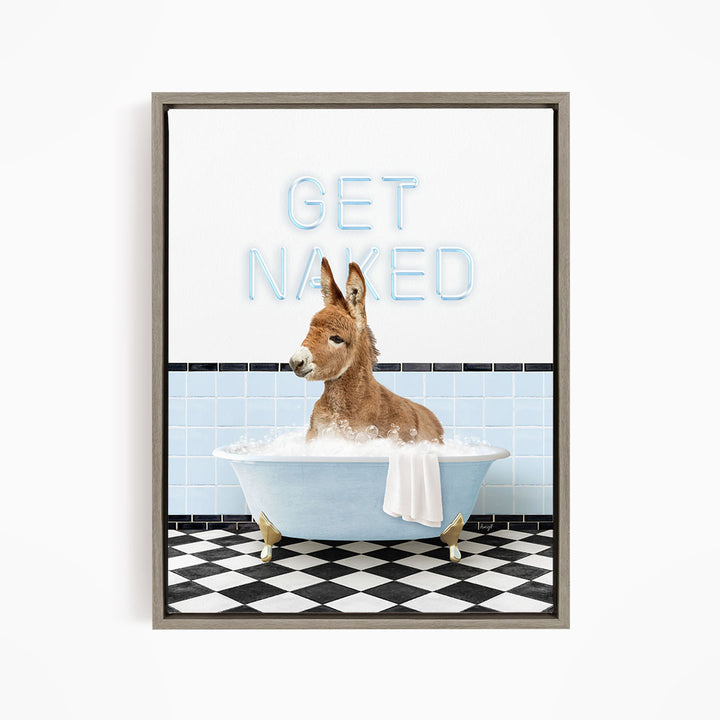 A donkey is sitting in a bathtub filled with bubbles, with the text "GET NAKED" displayed above it.