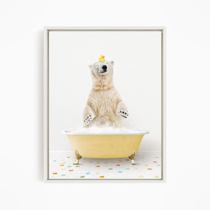 A polar bear standing in a yellow bathtub, with a rubber duck perched on its head.