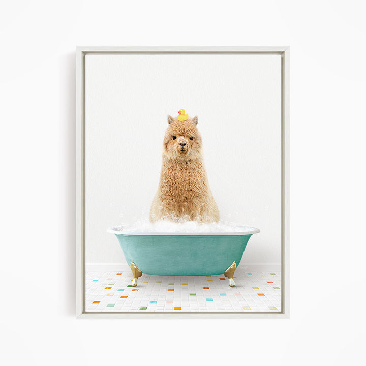 A fluffy brown dog is sitting in a blue bathtub filled with bubbles, with a yellow rubber duck perched on its head.