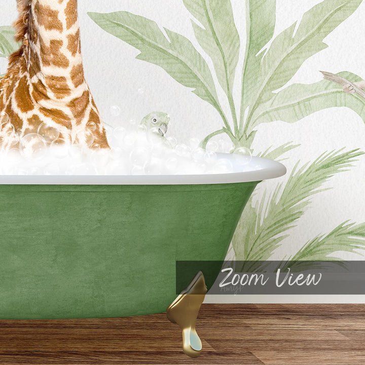 A giraffe is standing in a green bathtub filled with bubbles, with a bird peeking out from behind the bubbles.