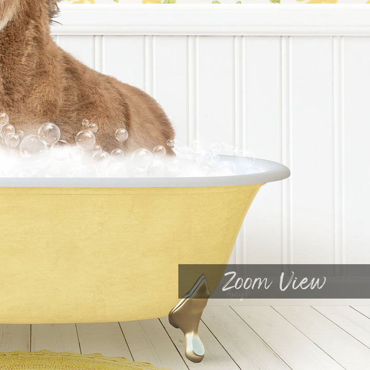 A dog is sitting in a yellow bathtub filled with bubbles, enjoying a bath.