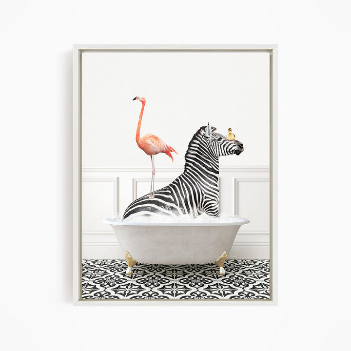 A zebra is sitting in a bathtub filled with water, with a pink flamingo standing on its back legs and a yellow bird perched on its head.
