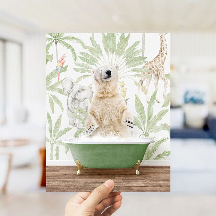 A polar bear sitting in a green bathtub surrounded by tropical plants and animals, including a giraffe and a parrot, in a whimsical and playful scene.