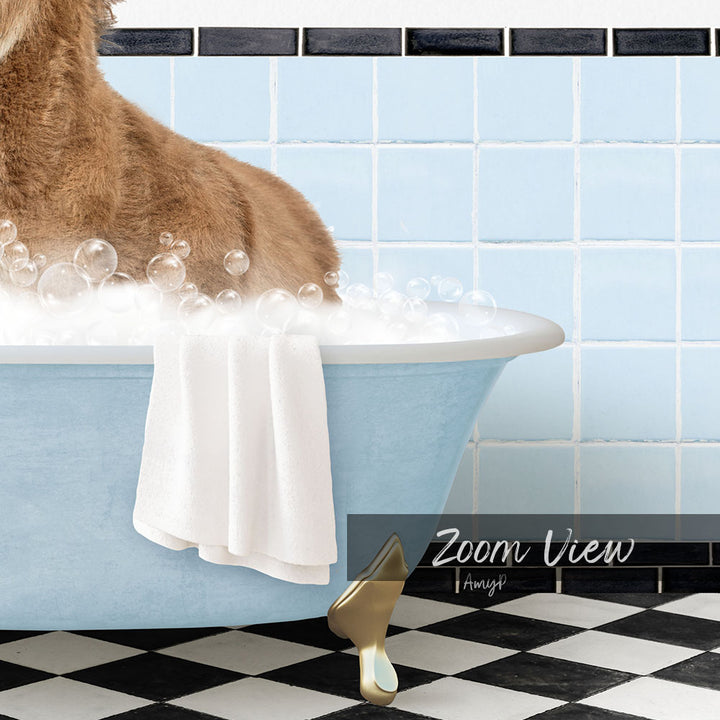 A brown dog is sitting in a blue bathtub filled with bubbles, with a white towel hanging on the side and a checkered black and white floor in the background.