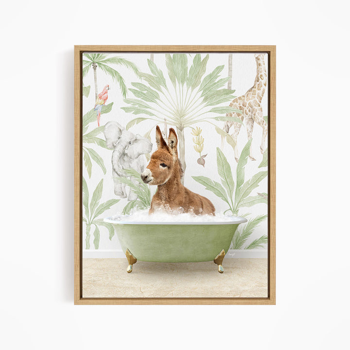A donkey is sitting in a green bathtub filled with water, surrounded by a tropical jungle scene with palm trees, a giraffe, and other animals.