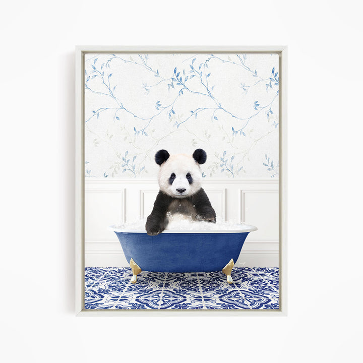 A panda bear sitting in a blue bathtub, surrounded by a blue and white patterned floor.