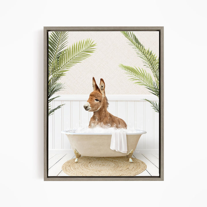 A donkey is sitting in a bathtub filled with water, surrounded by palm leaves, creating a whimsical and playful scene.