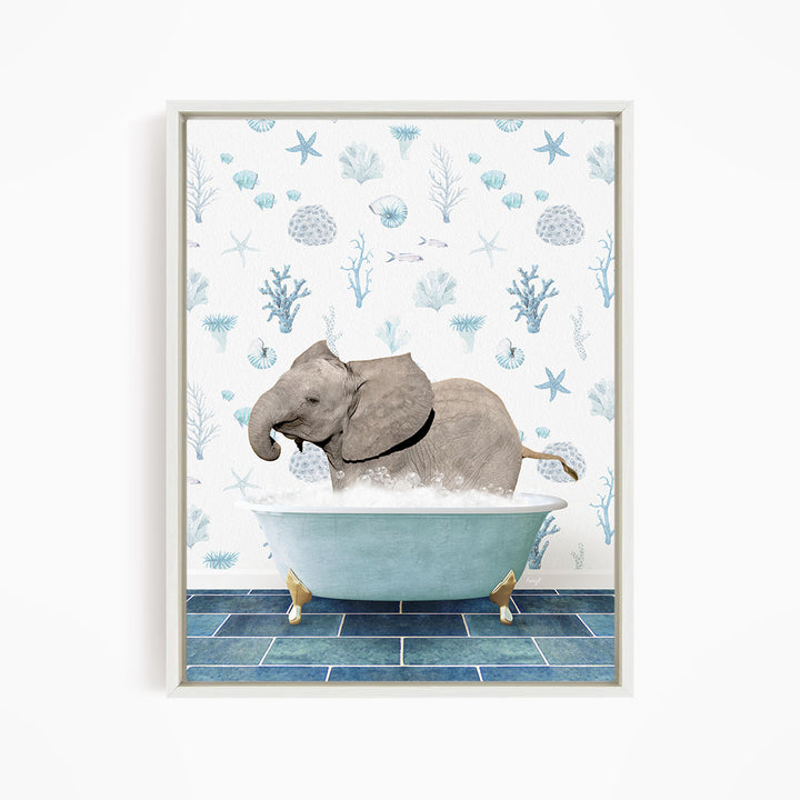 An elephant is sitting in a blue bathtub filled with water, surrounded by a pattern of seashells, starfish, and other marine life.