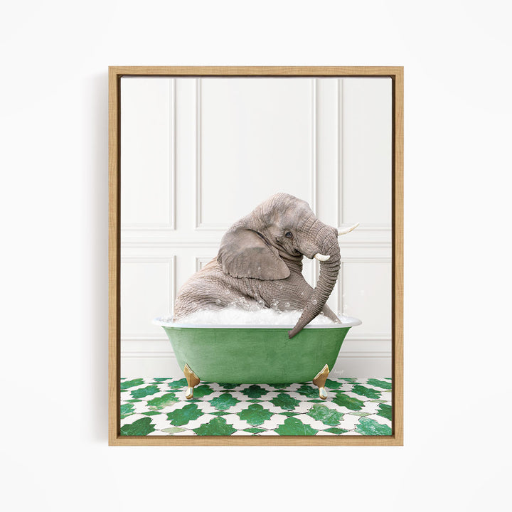 A gray elephant is sitting in a green bathtub filled with water, surrounded by a green and white patterned floor.