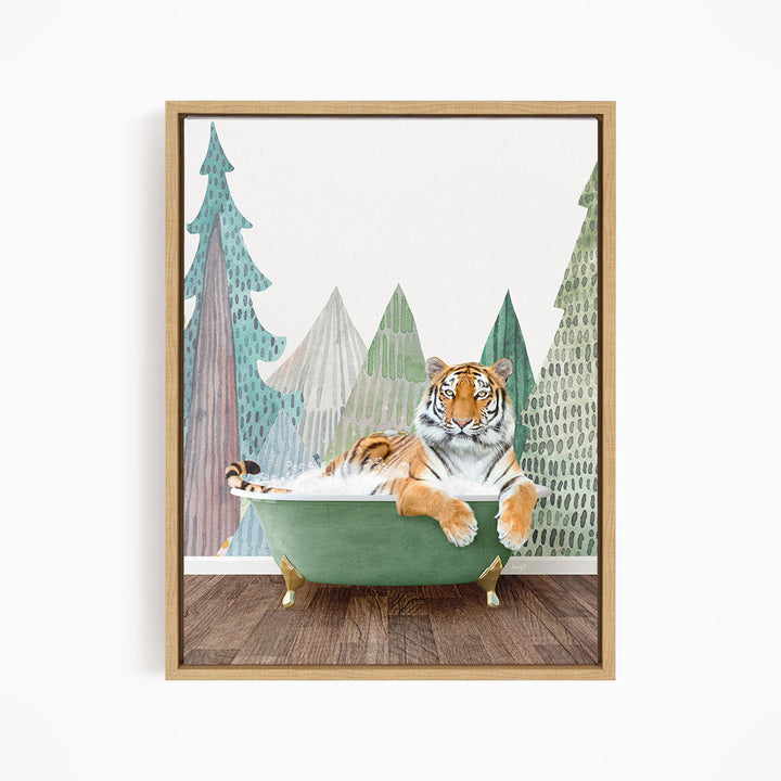 A tiger is sitting in a green bathtub, surrounded by a forest scene with trees and a misty atmosphere.