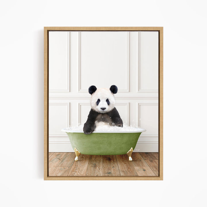 A panda bear sitting in a green bathtub filled with bubbles, with a white wall and wooden floor in the background.