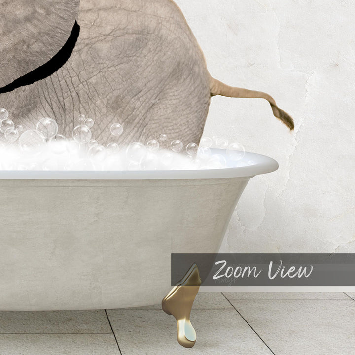A bathtub filled with bubbles, with an elephant's trunk submerged in the water.