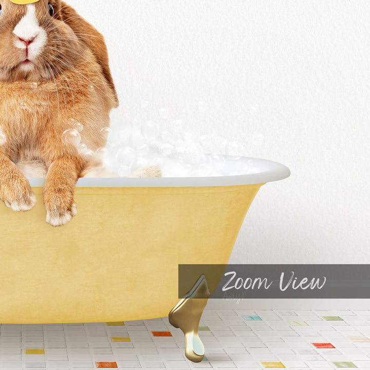 A cute brown rabbit sitting in a yellow bathtub filled with bubbles, with a text overlay that reads "Zoom View".