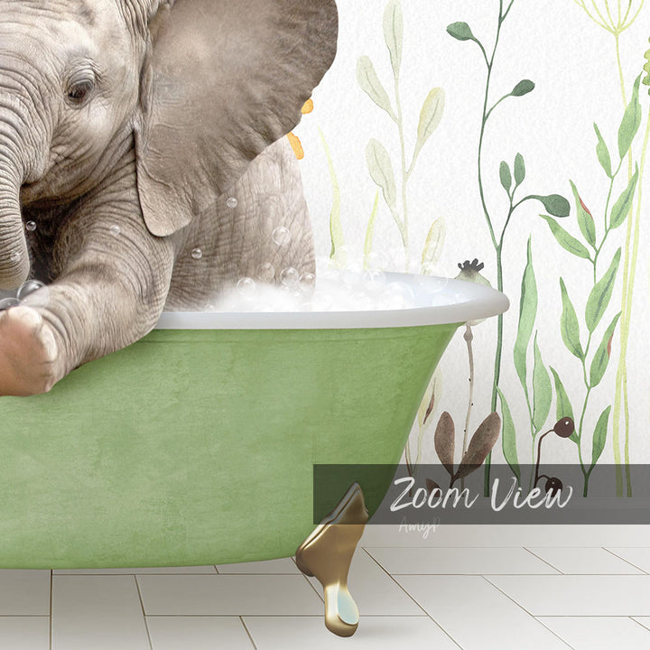A baby elephant sitting in a green bathtub, surrounded by a plant-themed wallpaper.