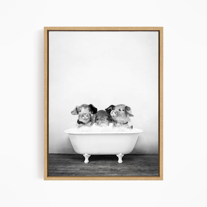 Three adorable pigs sitting in a white bathtub, enjoying a relaxing bath together.